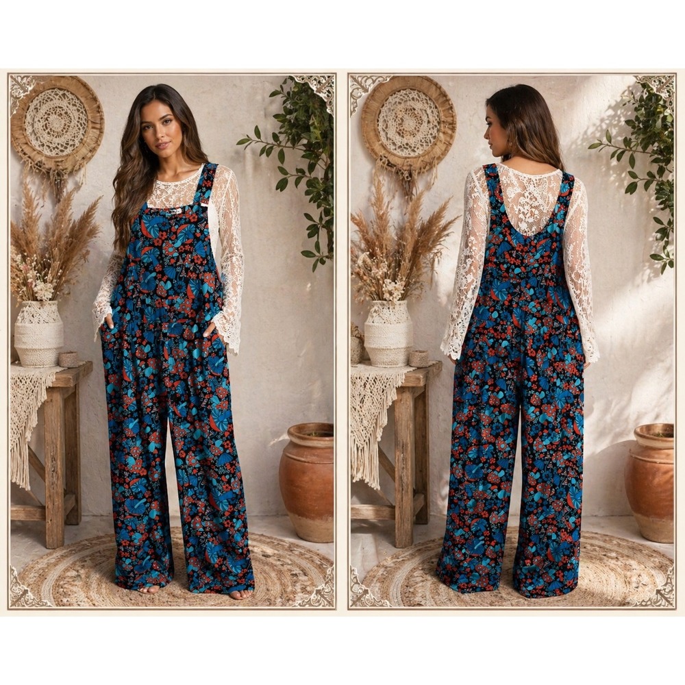 NWT LA Soul Boho Retro Mushroom Floral Corduroy Overall Jumpsuit Blue Orange 2XL